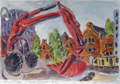 Photo of Helen Berggruen's painting "Baustelle in Prenzlauer Berg." Artwork depicts vibrantly colored construction site with a red backhoe and buildings.