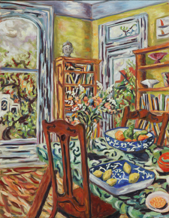 Photo of Helen Berggruen's painting "Fruit Bowls." Artwork depicts a vibrantly colored interior scene with a dinning table with food, chairs, bookcases and a window.