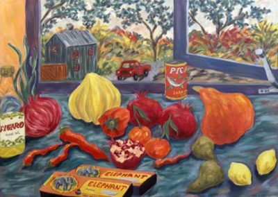 Photo of Helen Berggruen's painting "Plain Vermicelli." Artwork depicts pasta bozes and vibrantly colored fruit and vegetables in front of a window.