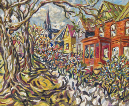 Photo of Helen Berggruen's painting "Vernal Equinox." Artwork depicts an outside scene of barren trees and houses with a church steeple in the distance.