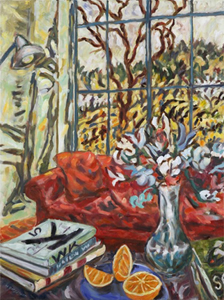 Photo of Helen Berggruen's painting "WK 5." Artwork depicts a vibrantly colored room interior with a couch, window and a low table with books and orange slices.
