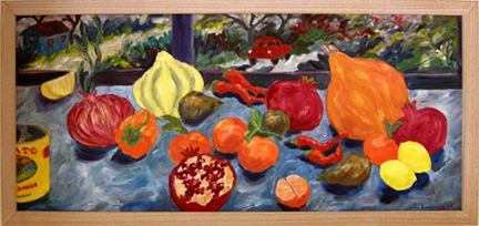 Photo of Helen Berggruen's painting "Windowsill." Artwork depicts vibrantly colored fruit and vegetables on a windowsill.