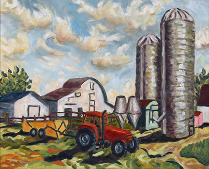 Photo of Helen Berggruen's painting "Yellow Trailer." Artwork depicts a farm scene with buildings, 2 silos, and a red tractor pulling a yellow trailer.
