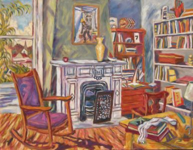 Photo of Helen Berggruen's painting "Seven."  Artwork depicts a vibrantly colored interior scene with a rocking chair, fireplace and bookshelves.