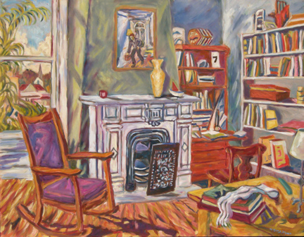 Photo of Helen Berggruen's painting "Seven." Artwork depicts a vibrantly colored interior scene with a rocking chair, fireplace and bookshelves.