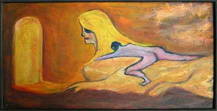 Photo of Lawrence Ferlinghetti's painting, "Study for Pornocrates." Artwork depicts an oversized female figure with a male figure on top before a doorway.