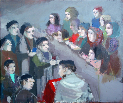 Photo of Ruth Gikow's painting "Bar Mitzvah." Artwork depicts jewish congregants during a Bar Mitzvah, the males are to the left and the females to the right.