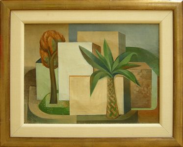 Photo of John Haley's painting "Untitled (Buildings with Palm Tree)." Artwork depicts rectangular buildings and 2 trees, with a palm tree up front.