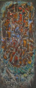 Photo of John Haley's sculpture "Door #2". Artwork depicts panel with abstract shapes melded together. Colors are mottled together with an oval of mostly red and brown surrounded by green and blue.