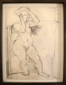 Photo of John Haley's pencil drawing "Nude I." Artwork depicts a pencil sketch of a nude female with her hands held up to her face.