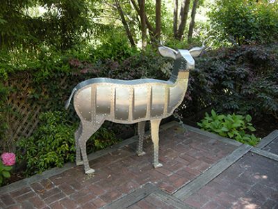 Photo of Ken Kalman's sculpture "Deer." Artwork depicts an aluminum deer.
