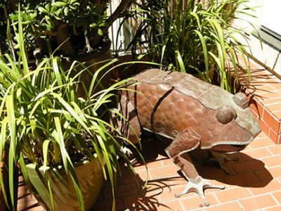 Photo of Ken Kalman's sculpture "Frog." Artwork depicts a copper frog.