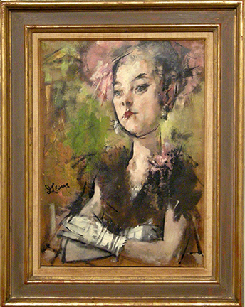 Photo of Jack Levine's painting "Girl in the Pink Hat." Artwork depicts a woman wearing white gloves and a pink hat.