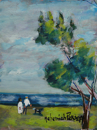 Photo of Nehemiah Persoff's painting "Couple at the Beach." Artwork depicts two figures on a grassy beach by the water with a tree to the right.