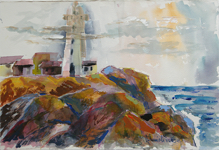 Photo of Nehemiah Persoff's painting "Piedros Blanca Lighthouse." Artwork depicts a lighthouse on a cliff above the ocean.
