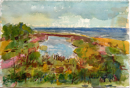 Photo of Nehemiah Persoff's painting "Ragged Point." Artwork depicts an outside scene of land with greenery near the ocean with a small bridge over an inlet.