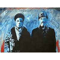 A photo of a panting of two poets in front of a blue background by artist Lawrence Ferlinghetti