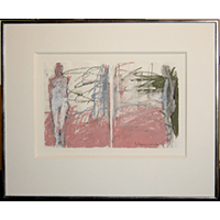 Photo of artwork depicting abstract pink and grey background with the outline of a figure by artist Manuel Neri.