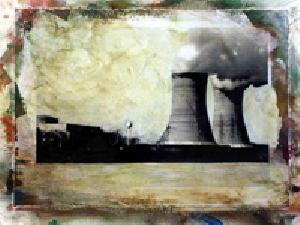 Photo of Stacey Carter's ink, acrylic and watercolor "Three Mile Island." Artwork depicts a photorealistic view of the nuclear power plant with cooling towers and billowing steam.