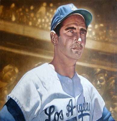 Photo of Erc Grbich's painting "Koufax." Artwork depicts Sandy Koufax, in his LA uniform, in color from the chest up. Behind him in sepia tones are the baseball stands full of fans.
