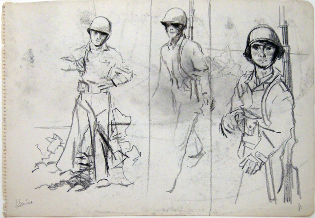 Photo of Jack Levine's drawing "Three Soldiers." Artwork depicts spare sketches of three soldier figures, wearing helmets.