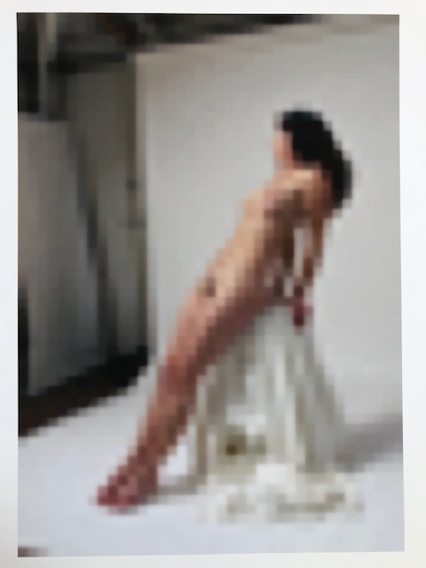 Photo of Richard Nagler's photograph "Untitled Nude VI." Artwork depicts a pixelated nude female leaning against a white structure in front of a white backdrop.