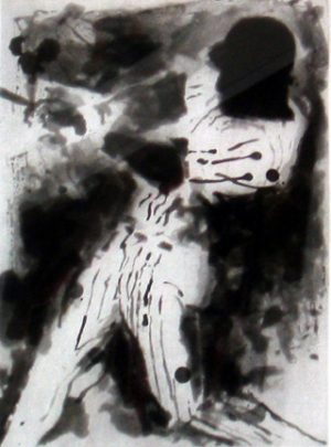 A photo of Leroy Neiman's etching "Home Run Blast." Artwork depicts a baseball player swinging the bat, black and white.