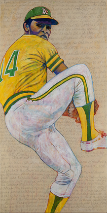 Photo of Toby Tover's painting "Vida Blue." Artwork depicts Oakland A's pitcher Vida Blue in a windup for a pitch.