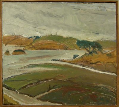 Photo of William Wheeler's painting "Tomales Bay." Artwork depicts an overcast bay showing the intersection(s) of water and land along the inlet.