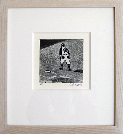 Photo of Curtis Wight's etching "Twink's First Sacker." Artwork depicts a baseball player standing to the side of a base.