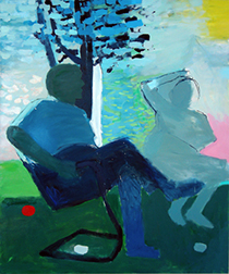 Photo of Kevin Bean's painting "Sunday Afternoon." Artwork depicts two people sitting outside by a tree.