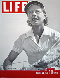 Photo of Jeffrey Browning painting "Courting Danger." Artwork depicts tennis player and spy Alice Marble on the cover of Life Magazine.
