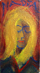 Photo of Lawrence Ferlinghetti's painting "Nadja." Artwork depicts the head of a woman with blonde hair and closed eyes, "Nadja" written above.