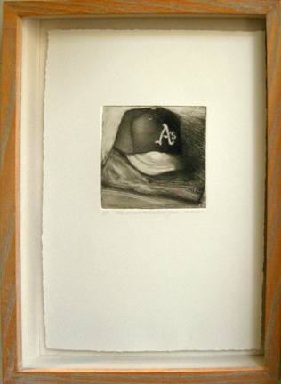 Photo of Charles Hobson's etching "Take Me Out to the Ballgame." Artwork depicts an Oakland A's baseball cap.