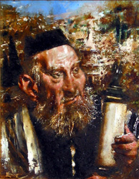 Photo of Jack Levine's painting "In the Valley of Kidron." Artwork depicts a Rabbi holding Torah scrolls.