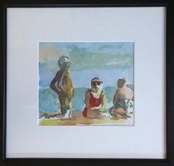 Photo of Lisa Esherick's painting "Beach Scene." Image depicts three people on a beach, a man kneeling and two women sitting. The woman in the middle is wearing a red bathing suit..