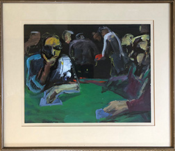 Photo of Lisa Esherick's painting "Blackjack Gambler." Image depicts a man at a green balckjack table looking thoughtfully at his cards with his hand on his chin. Other figures in the background and to the right.