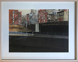 Photo of Glenna Putt's painting "Underpass." Image depicts a dark underpass with another road and buildings up above.