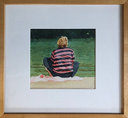 Photo of Mary Robertson's painting "Figure in Striped Shirt." Image depicts the back of a person sitting on a beach in front of water, shirt is red and black striped, pants are black.