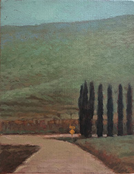 Photo of Mary Robertson's painting "Near Porter Creek #2." Image depicts a dirt road running up to a green hillside and curving around or intersecting another road by a line of trees.