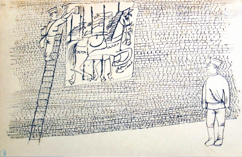 Photo of Ben Shahn's drawing "Man Pasting Carousel Poster to Brick Wall." Image depicts one man watching another up a ladder pasting a poster. The wall is made of bricks and the poster has carousel horses on it.