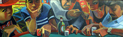 Photo of Lisa Esherick's painting "Gambling Heads and Hands - Reno." Image depicts heads and hands of gamblers around the edge of a gambling table in bold colors. The man to the left of center has his hand on his chin.