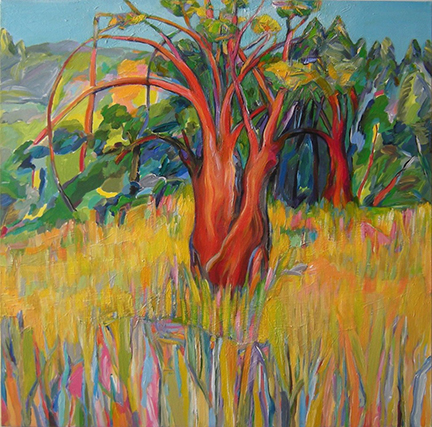 Photo of Diana Krevsky's painting "Tree in Meadow." Image depicts a brightly colored tree with few leaves in a yellowing meadow.
