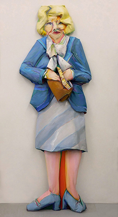 Photo of Diana Krevsky's sculptured painting "Paying Position." Image depicts a female figure reaching into a purse.