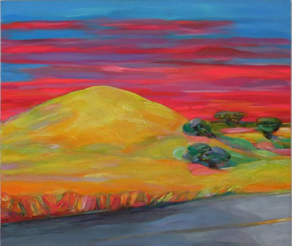 Photo of Diana Krevsky's painting "California Roadside." Image depicts golden hills with sporadic trees against a red and blue sky with a strip of road in the foreground.