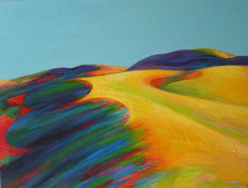Photo of Diana Krevsky's painting "King Ranch Shadows." Image depicts golden rolling hills with dramatic green, red and blue shadows.