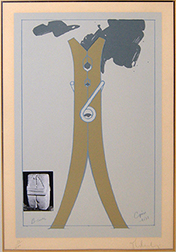 Photo of Claes Oldenburg's serigraph "Proposal for a Colossal Structure in the Form of a Clothespin - Compared to Brancusi’s Kiss." Image depicts a draft of a central large clothespin statue with a photo of Brancusi's "Kiss" sculpture off to the lower left side.