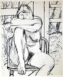 Photo of Elmer Bischoff's drawing "Woman in Captain Chair." Image depicts a nude female figure sitting in a chair with one leg up, chin on arms.