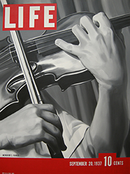 Photo of Jeffrey Browning's painting "Yehudi Menuhin's Hands." Image depicts a Life magazine cover with a close up of a violin being played. The violinist's hands are prominent.