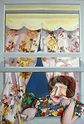 Photo of Diana Krevksy's "At the Window." Artwork is a sculptured painting depicting a woman looking out a window.